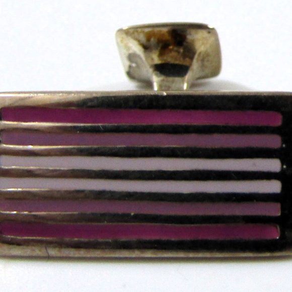 Vintage Sterling Silver Red and White Enamel Striped Rectangular Cufflinks - Picture 1 of 4